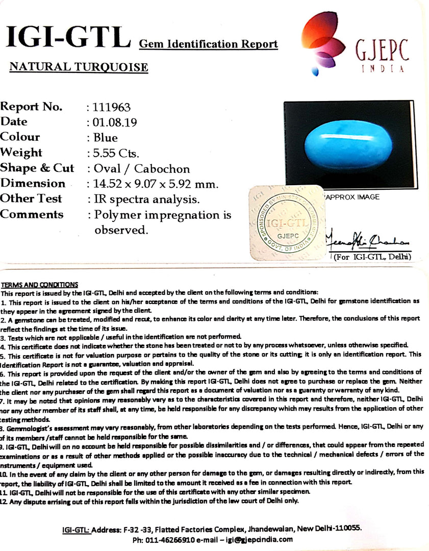 5.55/CT Natural Certified Turquoise Gemstone -111963