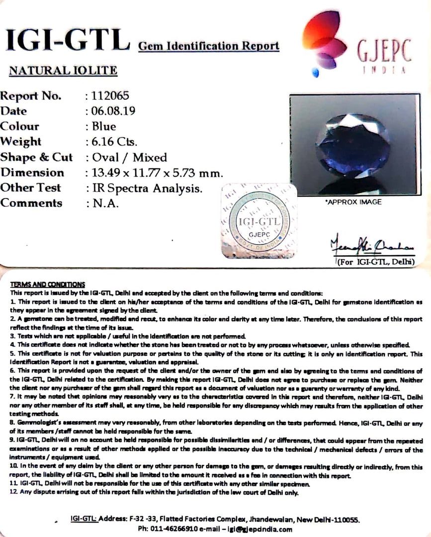 6.84 Ratti Natural Iolite With Govt. Lab Certificate-(1221)