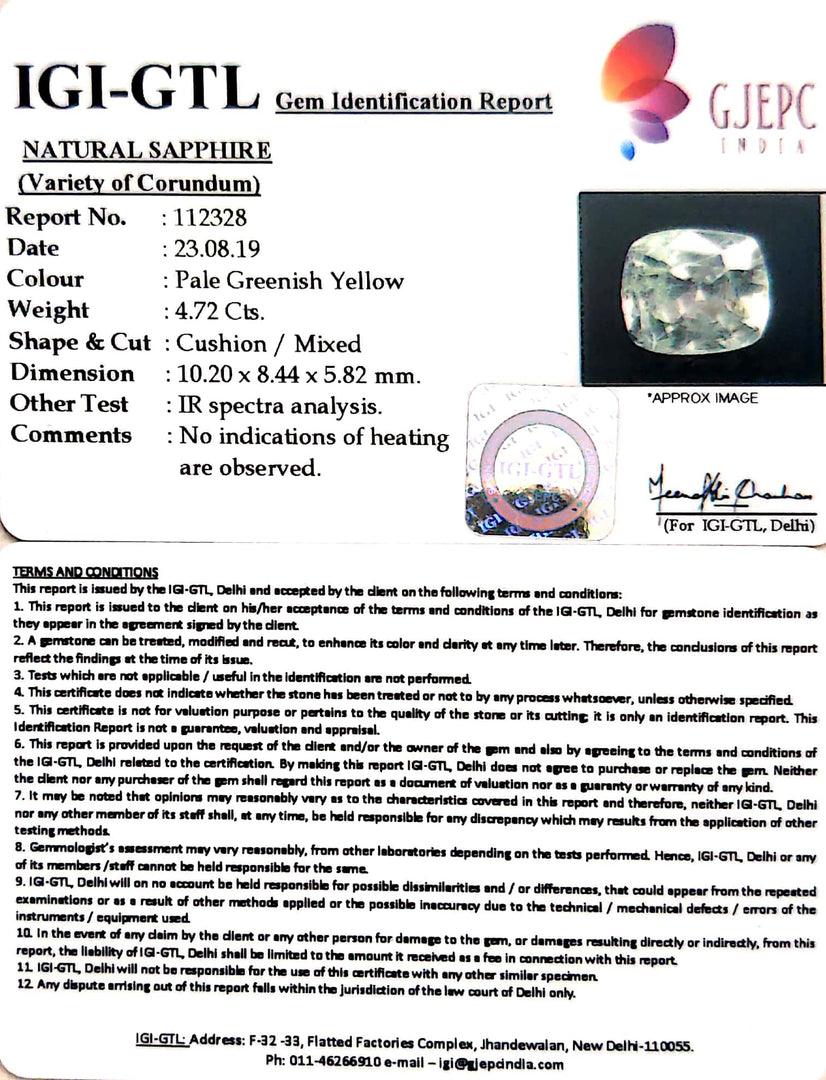4.72/CT Natural Yellow Sapphire with Govt Lab Certificate-YELSA9U