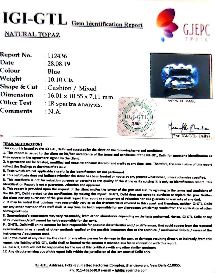 10.09/CT Natural Certified Blue Topaz Gemstone -112436