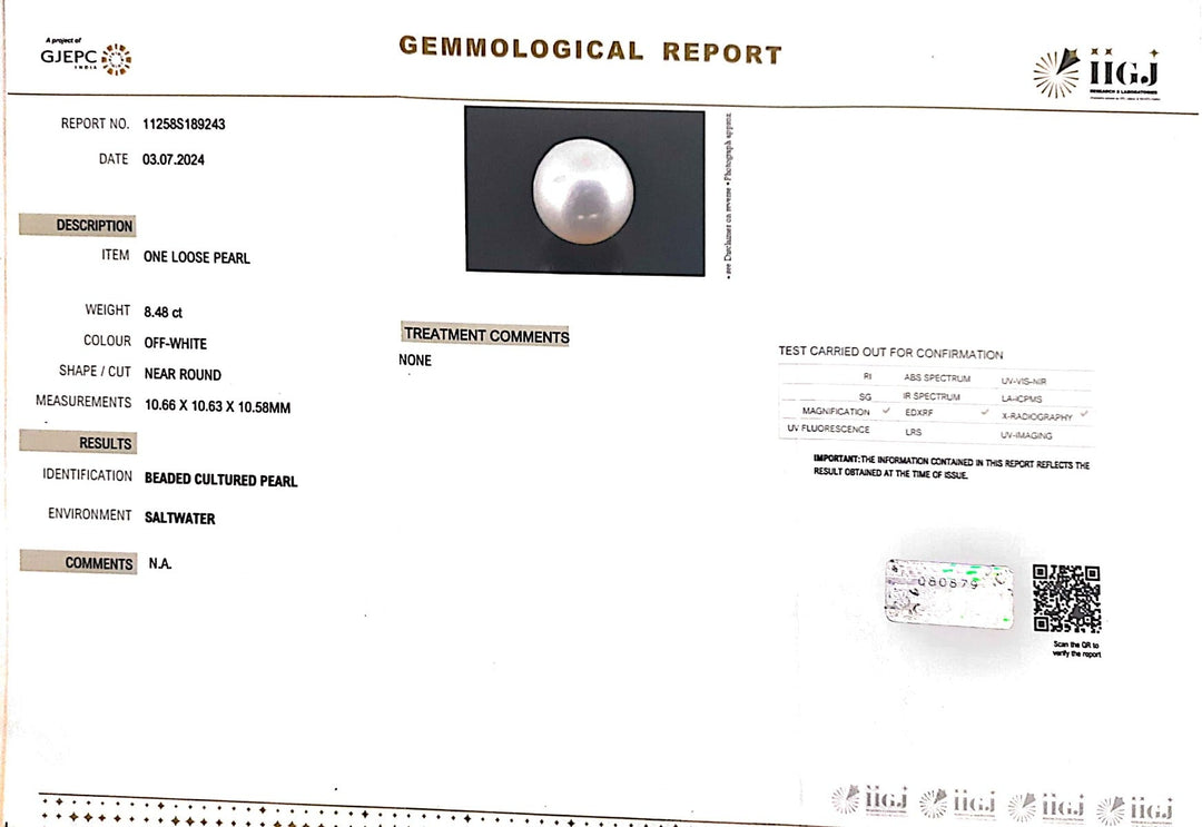 8.48/CT Natural South Sea Pearl with Govt. Lab Certificate (1550)