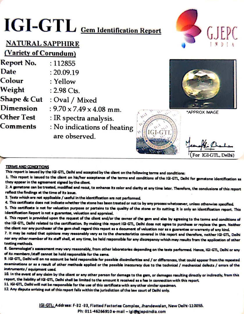 2.98/CT Natural Yellow Sapphire with Govt Lab Certificate-(YELSA9W)