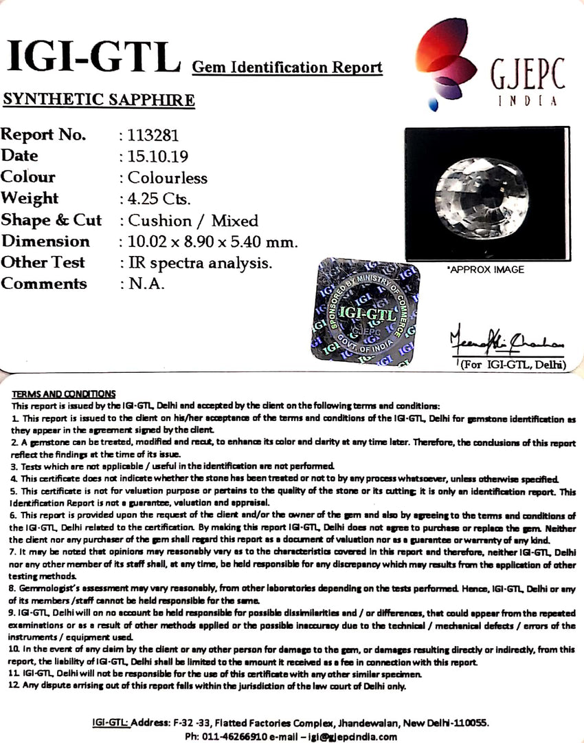 4.25/CT Natural White Sapphire with Govt Lab Certificate-113281