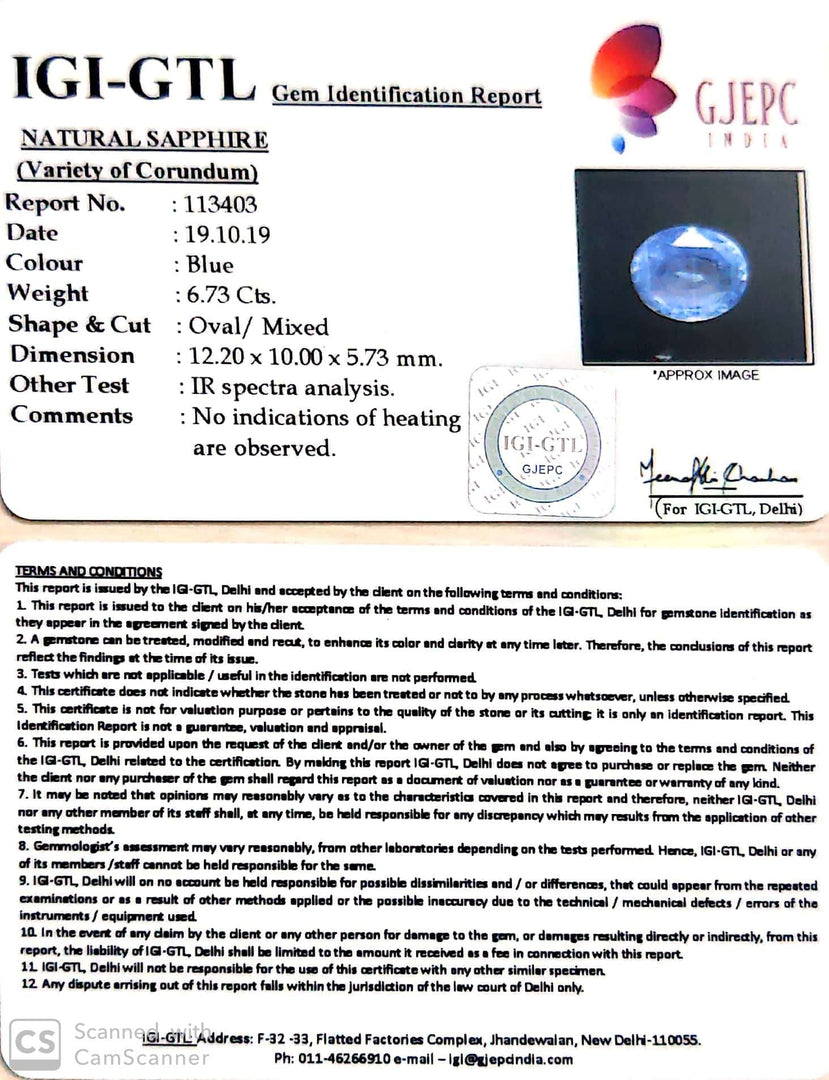 6.73/CT Natural Blue Sapphire With Govt Lab Certified (34410)