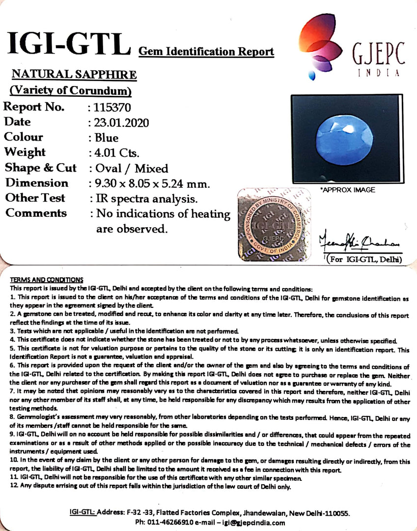 4.56 Ratti Natural Blue Sapphire With Govt Lab Certified-(4551)
