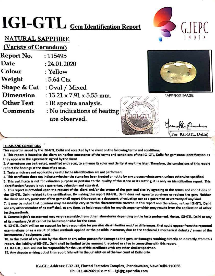 6.27 Ratti Natural Yellow Sapphire with Govt Lab Certificate-(6771)