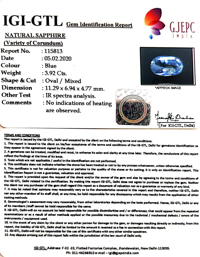 3.92/CT Natural Blue Sapphire With Govt Lab Certificate-BLUSA9U