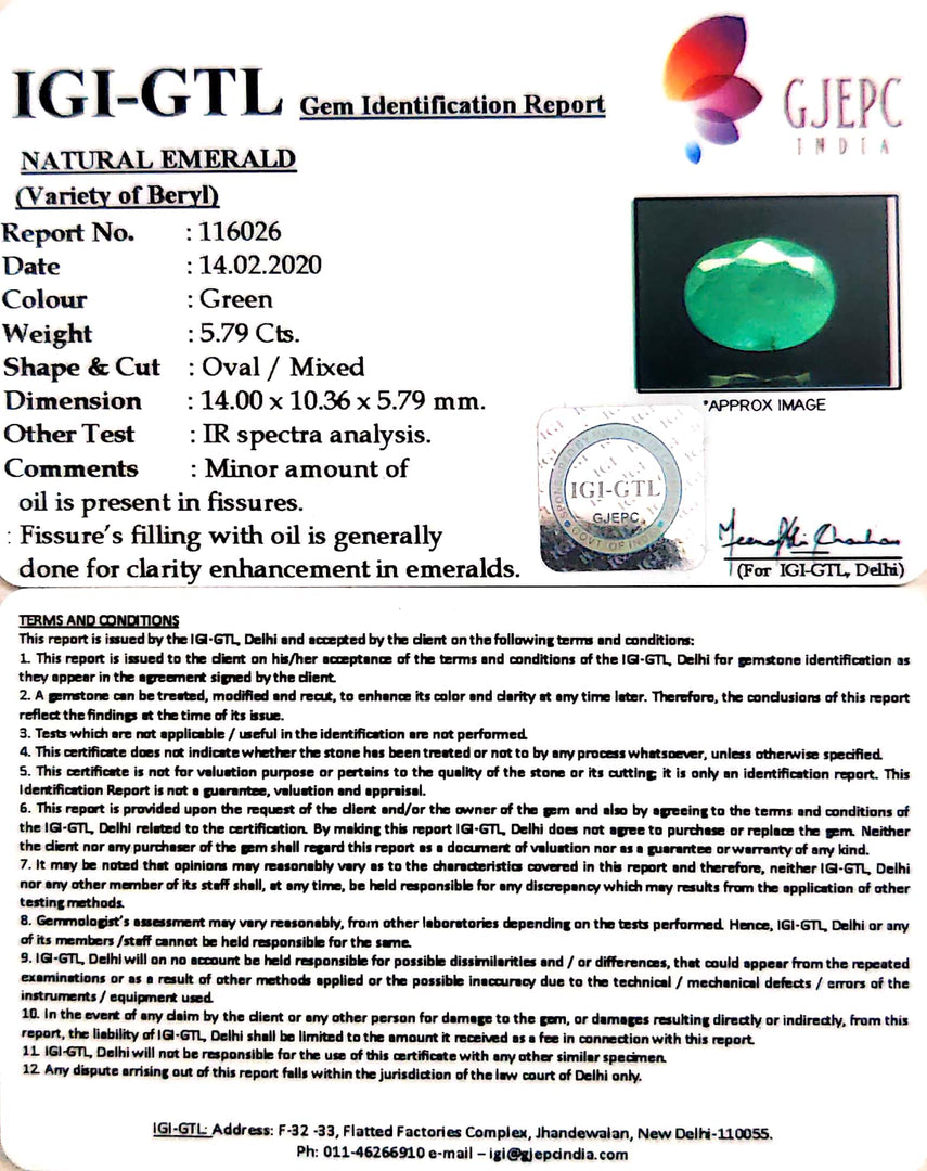 5.79/CT Natural Certified Emerald Gemstone -116026