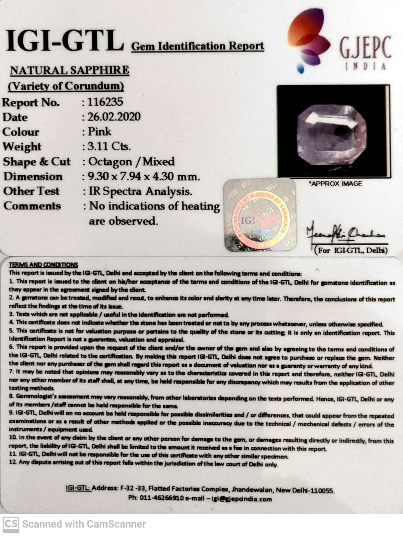 3.11/CT Natural Pink Sapphire with Govt Lab Certificate-116235