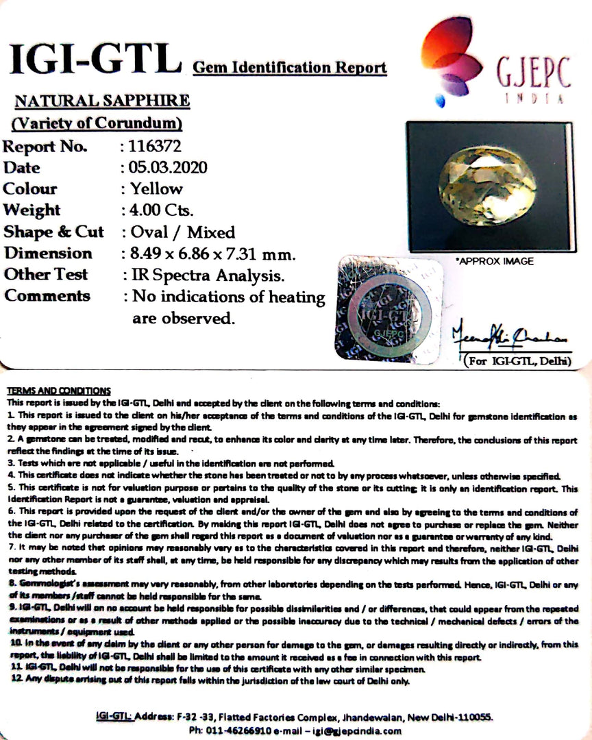 4.00/CT Natural Yellow Sapphire With Govt Lab Certificate-YELSA9A