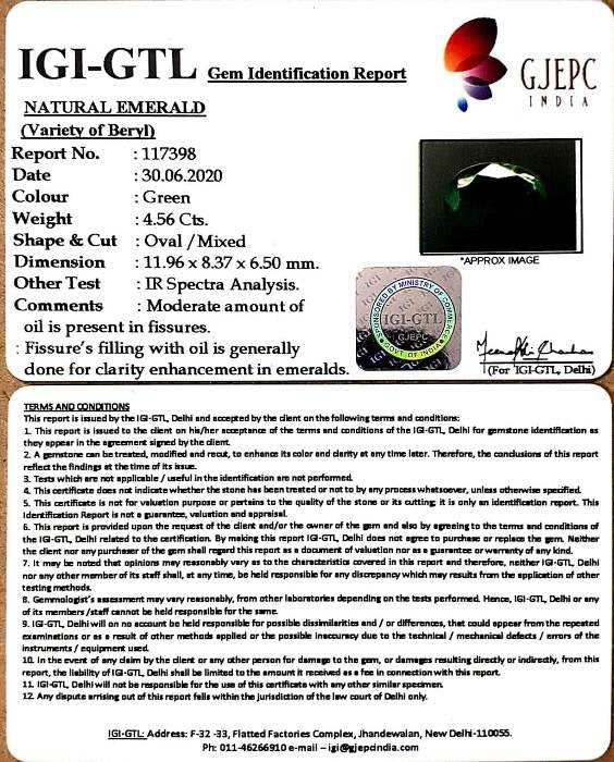 4.55/CT Natural Emerald Stone With Govt. Lab Certificate (16650)