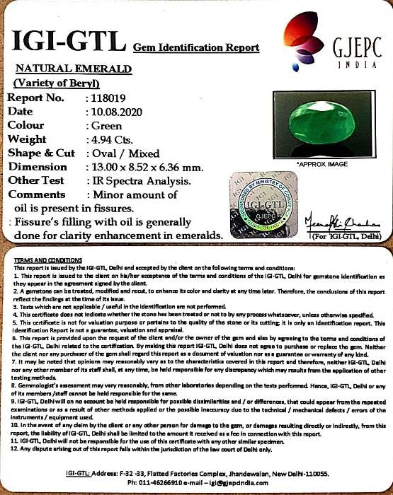 5.48 Ratti Natural Emerald Stone With Govt. Lab Certified (3441)