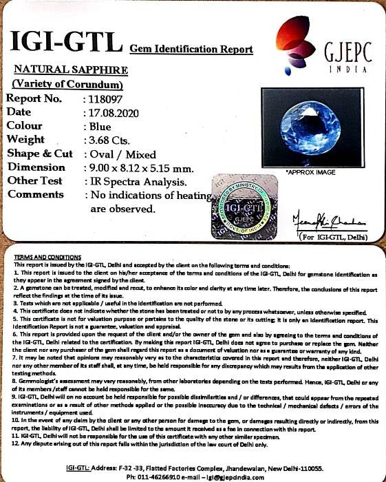 3.68/CT Natural Blue Sapphire with Govt Lab Certificate-BLUSA9U
