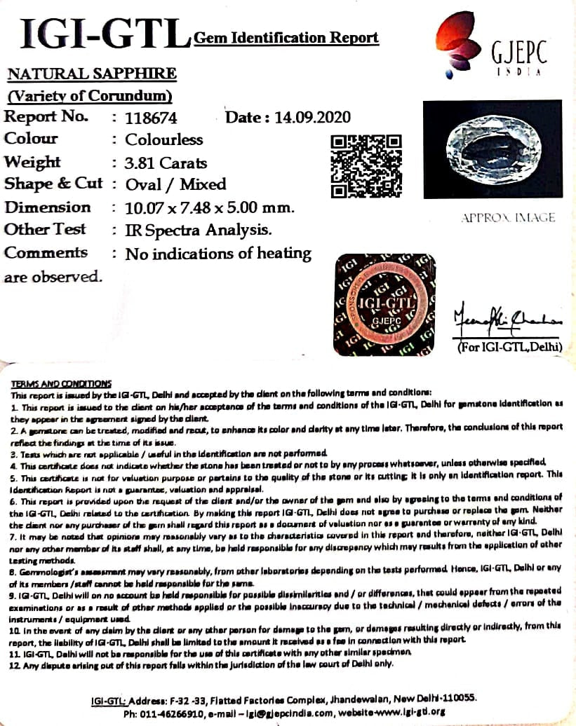 3.81/CT Natural White Sapphire with Govt Lab Certificate-YELSA9V