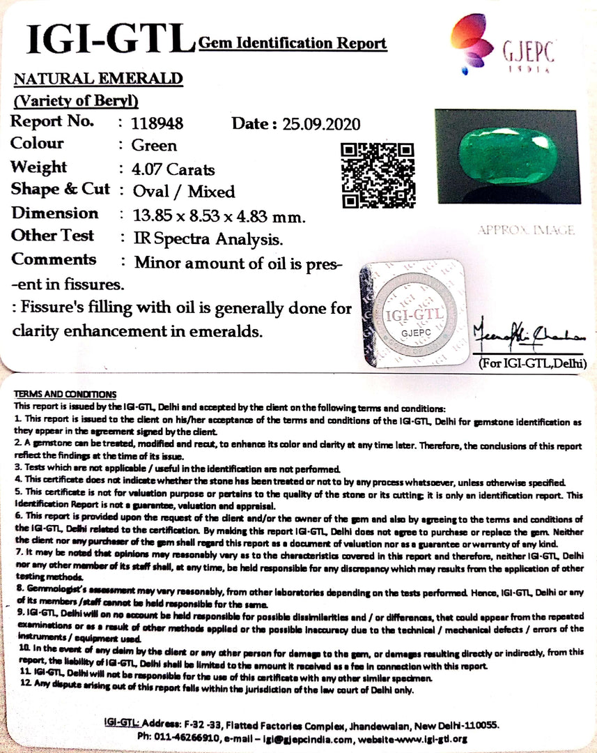 4.51 Ratti Natural Emerald Stone With Govt. Lab Certificate (8991)