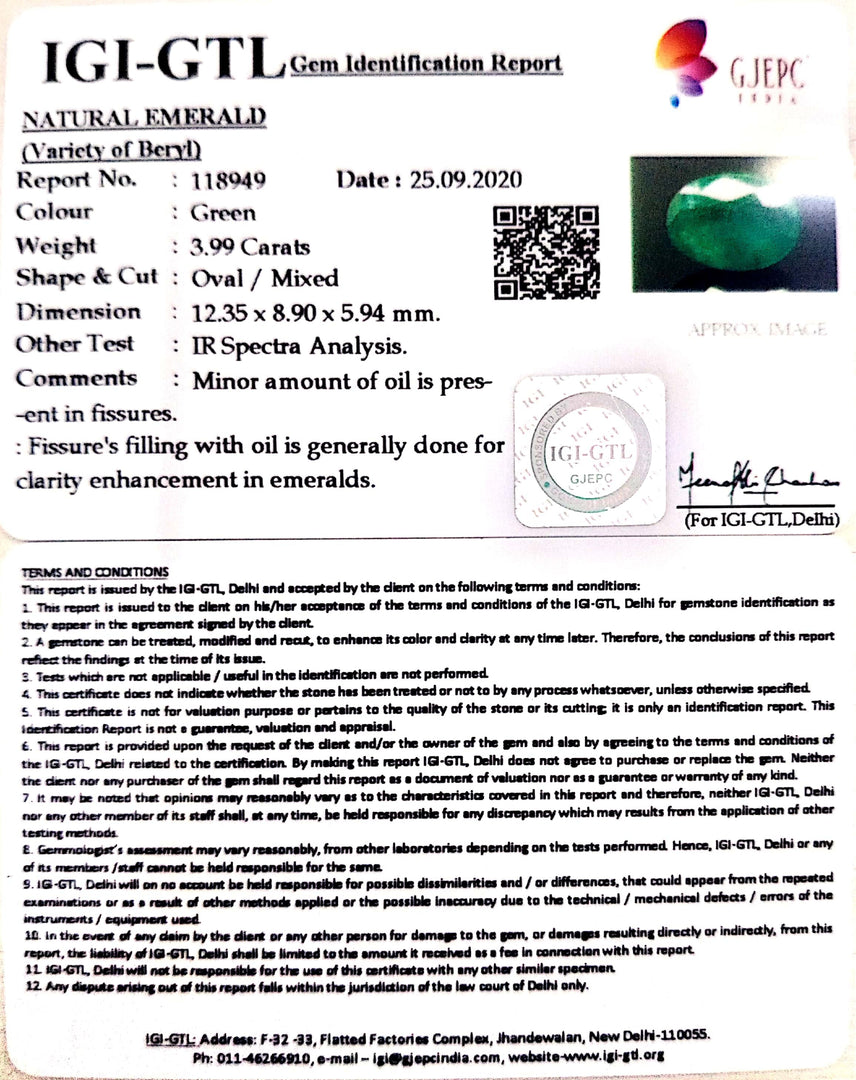 4.42 Ratti Natural Emerald Stone With Govt. Lab Certificate (8991)
