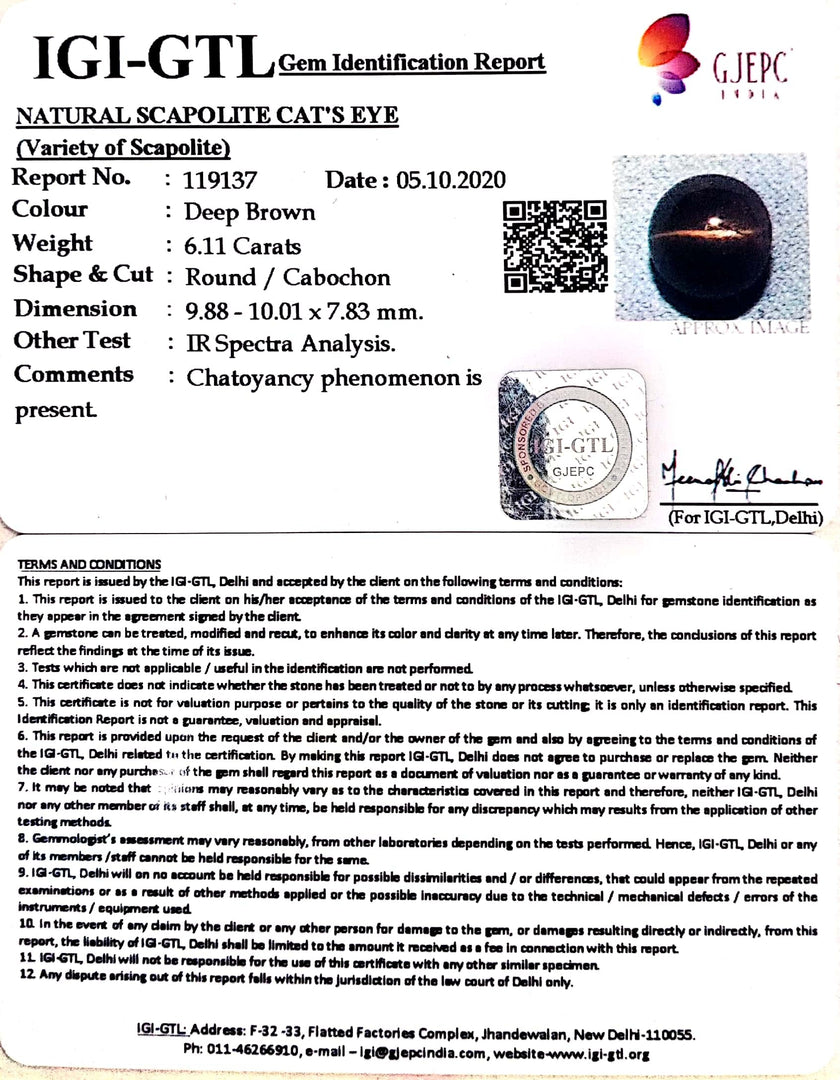 6.78 Ratti Natural Scapolite Cat's Eye with Govt. Lab Certified-(1221)