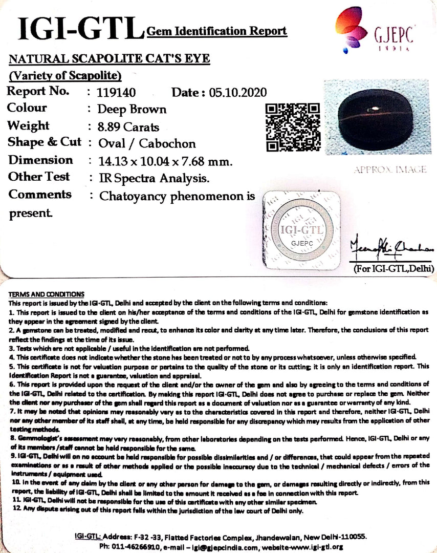 9.86 Ratti Natural Scapolite Cat's Eye with Govt. Lab Certified-(1221)