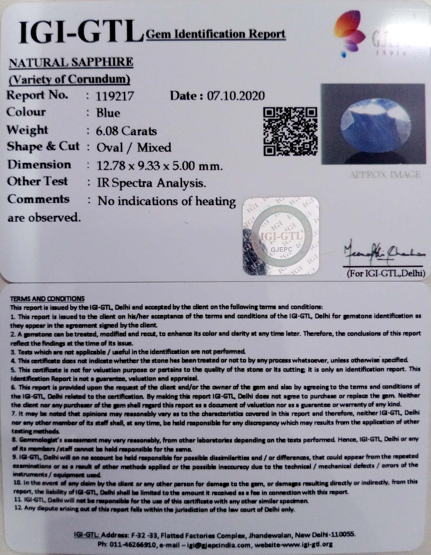 6.74 Ratti Natural Blue Sapphire with Govt Lab Certificate-(2331)