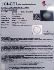 3.15/CT Natural Chrysoberyl Cat's Eye with Govt. Lab Certificate (6771)
