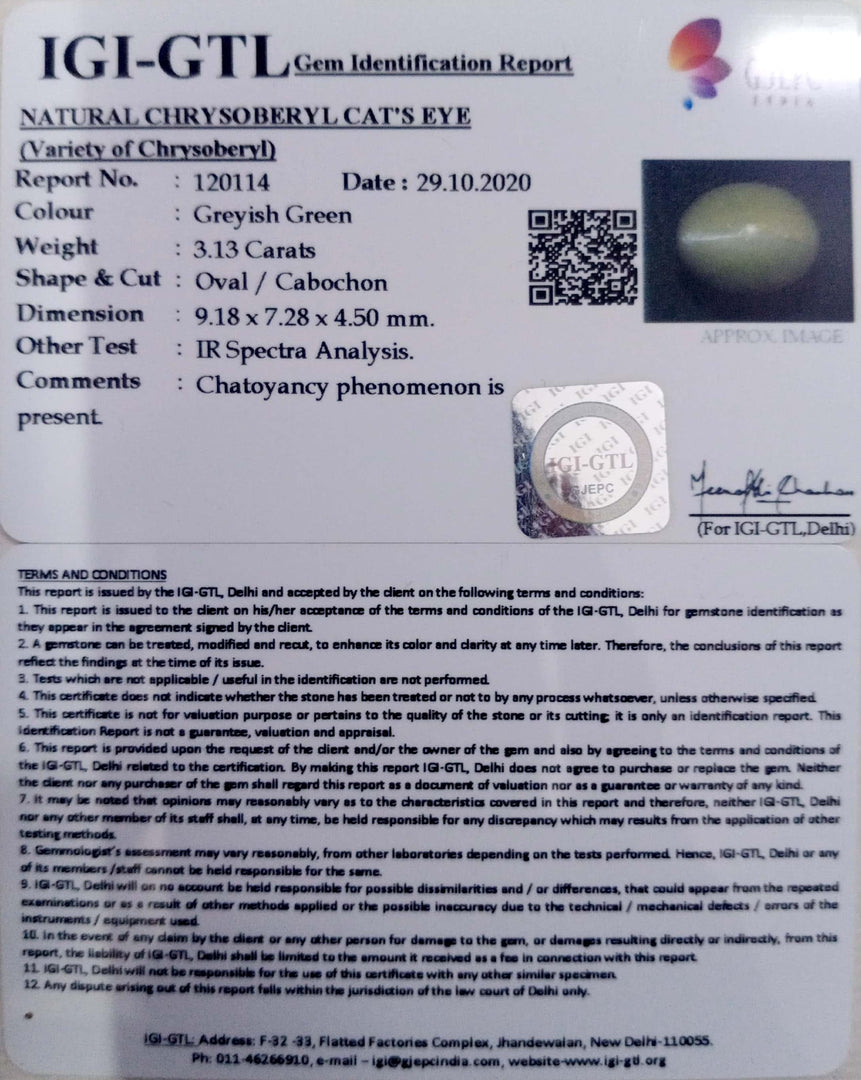 3.13/CT Natural Chrysoberyl Cat's Eye with Govt. Lab Certificate (6771)