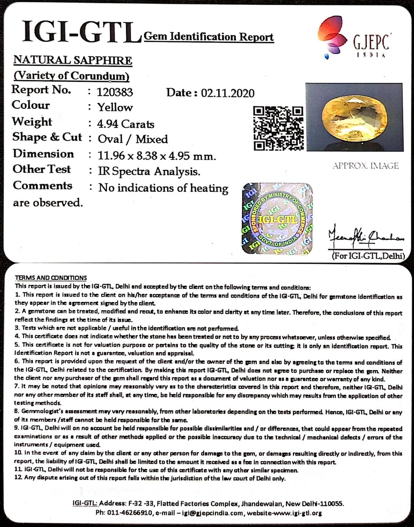 4.94/CT Natural Yellow Sapphire With Govt Lab Certificate-YELSA9U