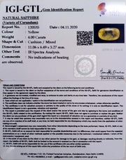 4.00/CT Natural Yellow Sapphire with Govt Lab Certificate-YELSA9U