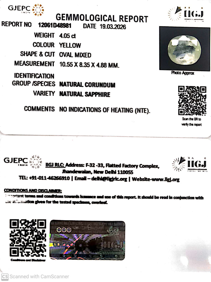 4.05/CT Natural Yellow Sapphire With Govt Lab Certificate-12061D48981
