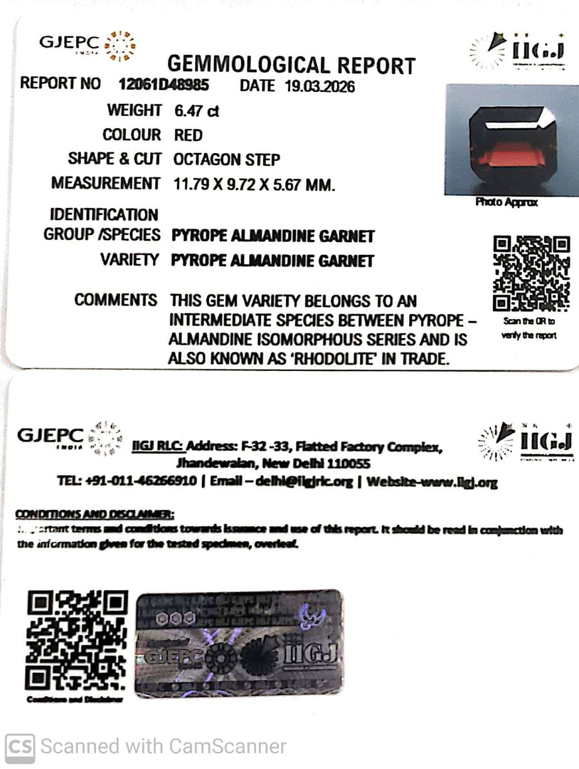 6.47/CT Natural Rhodolite Garnet Stone with Govt Lab Certificate-12061D48985
