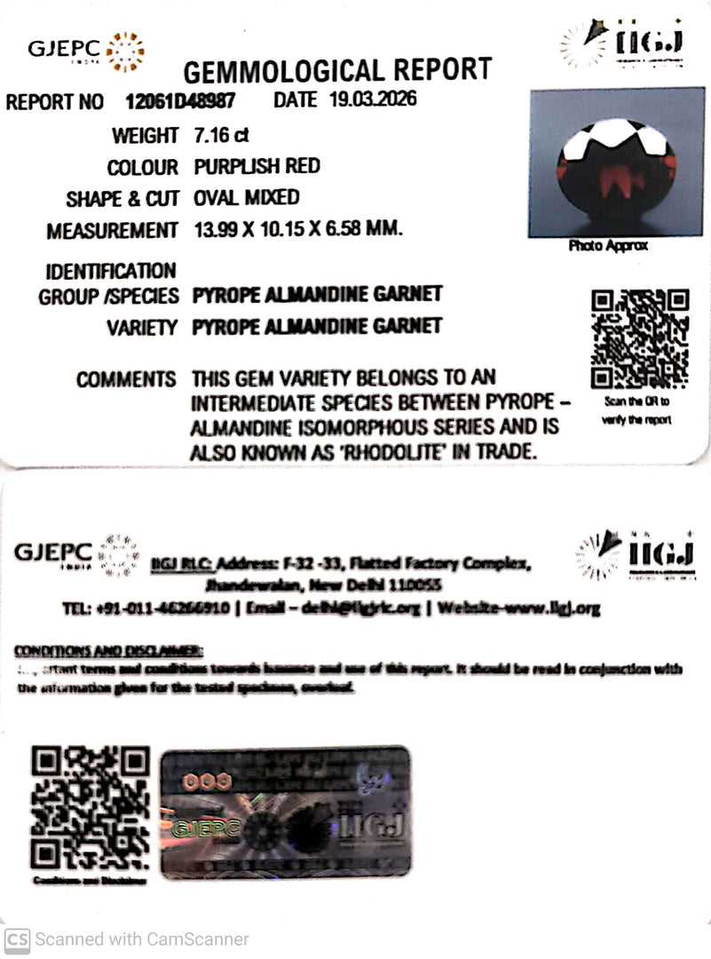 7.16/CT Natural Rhodolite Garnet Stone with Govt Lab Certificate-12061D48987