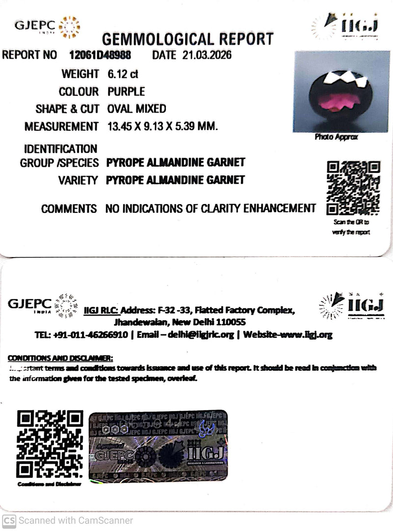 6.12/CT Natural Rhodolite Garnet Stone with Govt Lab Certificate-12061D48988