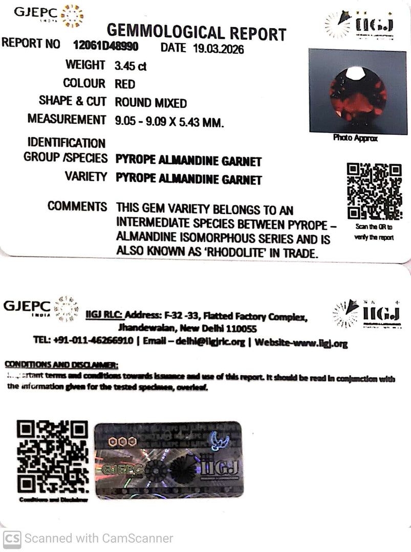 3.45/CT Natural Rhodolite Garnet Stone with Govt Lab Certificate-12061D48990