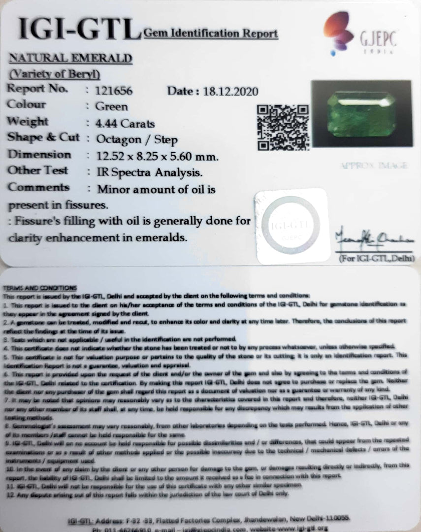 4.44/CT Natural Emerald Stone With Govt. Lab Certificate (12210)
