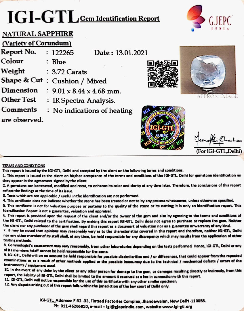 3.72/CT Natural Blue Sapphire With Govt Lab Certificate-BLUSA9S