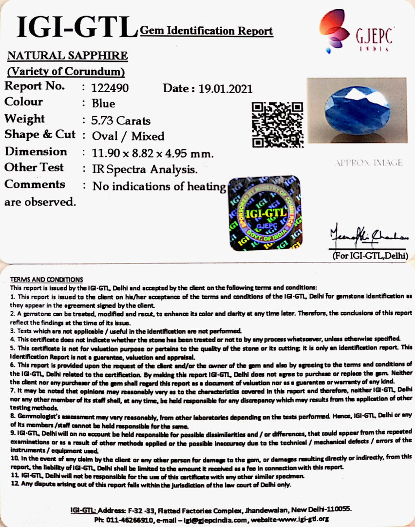 6.36 Ratti Natural Blue Sapphire With Govt Lab Certified-(1221)
