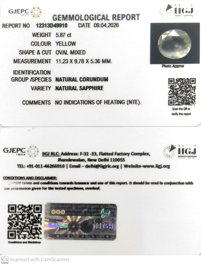 5.87/CT Natural Yellow Sapphire With Govt Lab Certificate-12313D49910