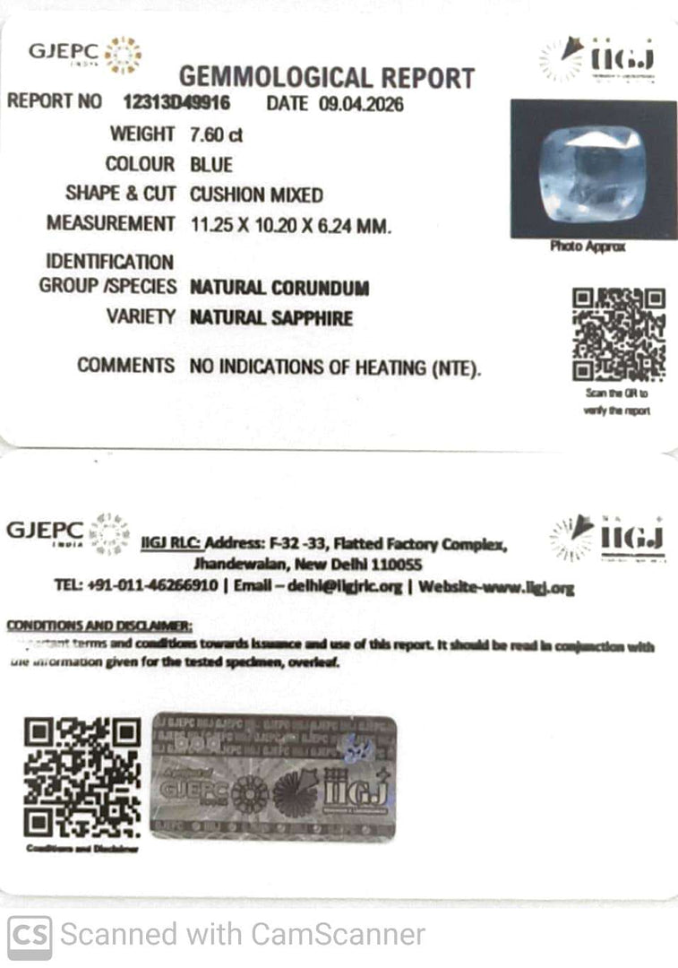 7.60/CT Natural Blue Sapphire with Govt Lab Certificate-12313D49916