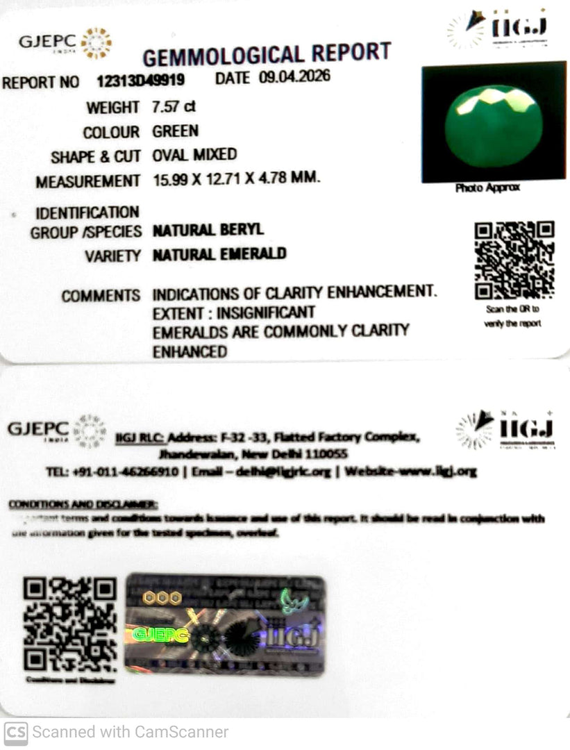 7.57/CT Natural Panna Stone with Govt. Lab Certificate-12313D49919