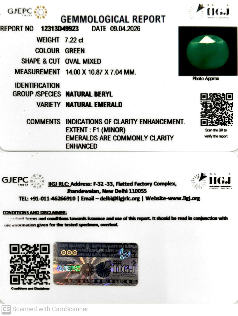 7.22/CT Natural Panna Stone with Govt. Lab Certificate-12313D49923