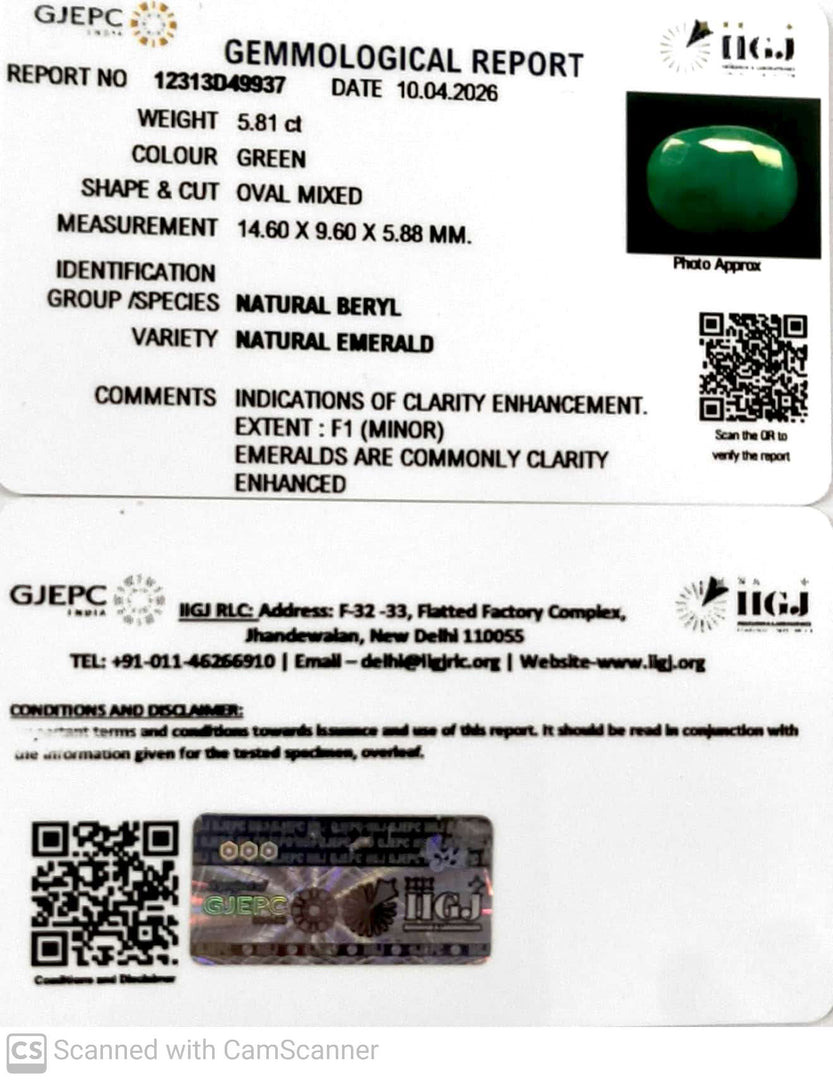 5.81/CT Natural Panna Stone with Govt. Lab Certificate-12313D49937