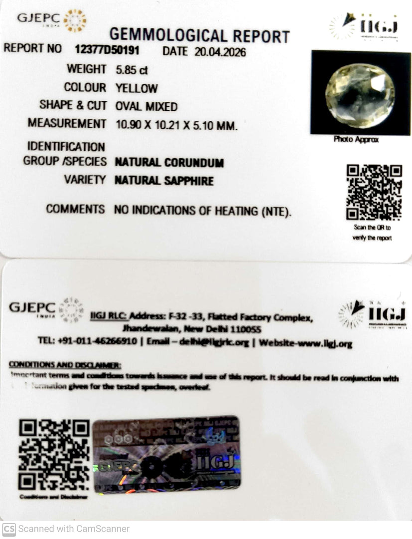 5.85/CT Natural Yellow Sapphire With Govt Lab Certificate-12377D50191