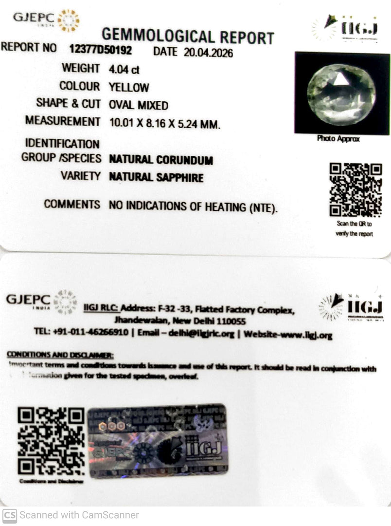 4.04/CT Natural Yellow Sapphire With Govt Lab Certificate-12377D50192