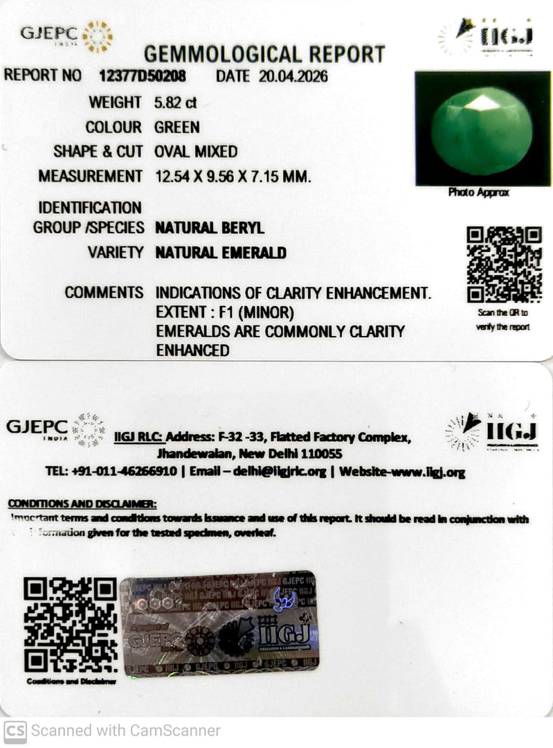 5.82/CT Natural Panna Stone with Govt. Lab Certificate-12377D50208