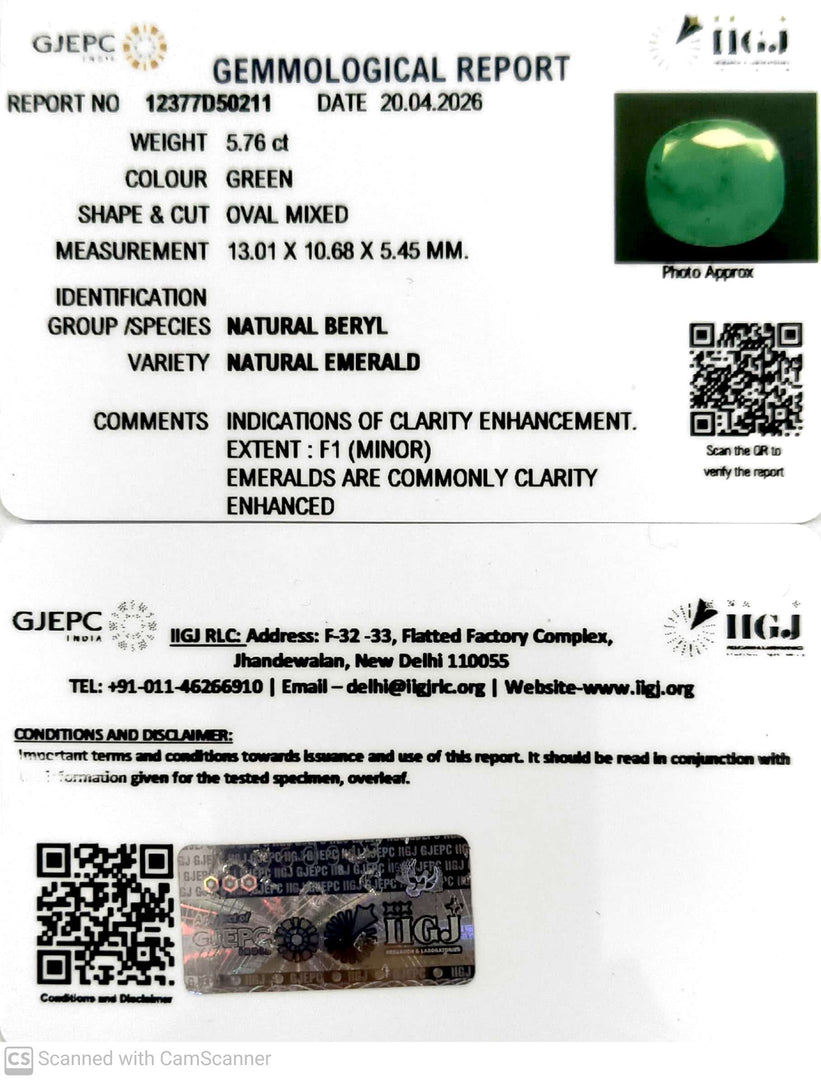 5.76/CT Natural Panna Stone with Govt. Lab Certificate-12377D50211