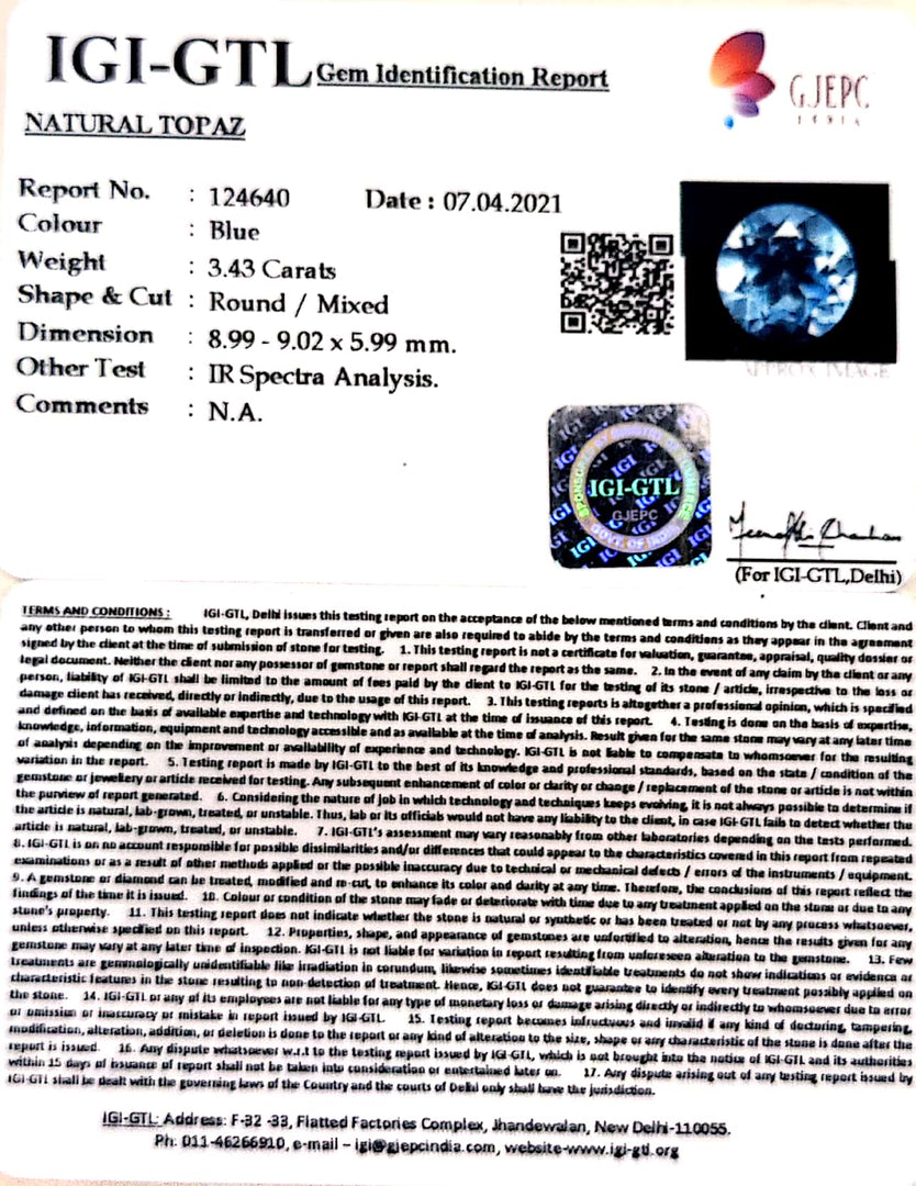 3.43/CT Natural Certified Blue Topaz Gemstone -124640