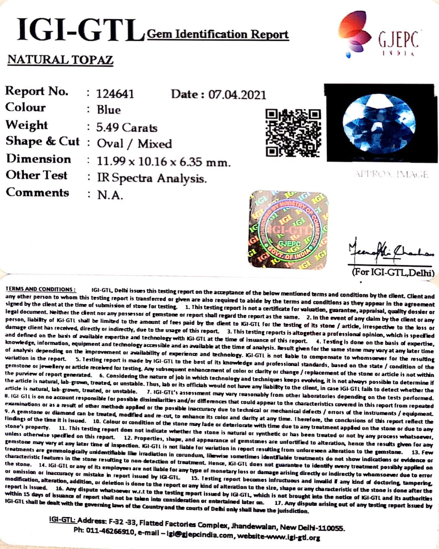 6.09 Ratti Blue Topaz with Govt Lab Certificate-(1650)