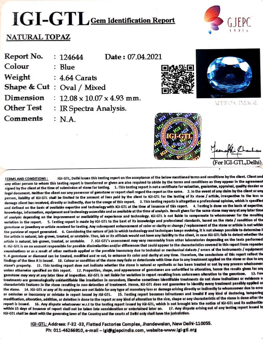 4.64/CT Natural Blue Topaz Stone With Govt Lab Certificate- 124644