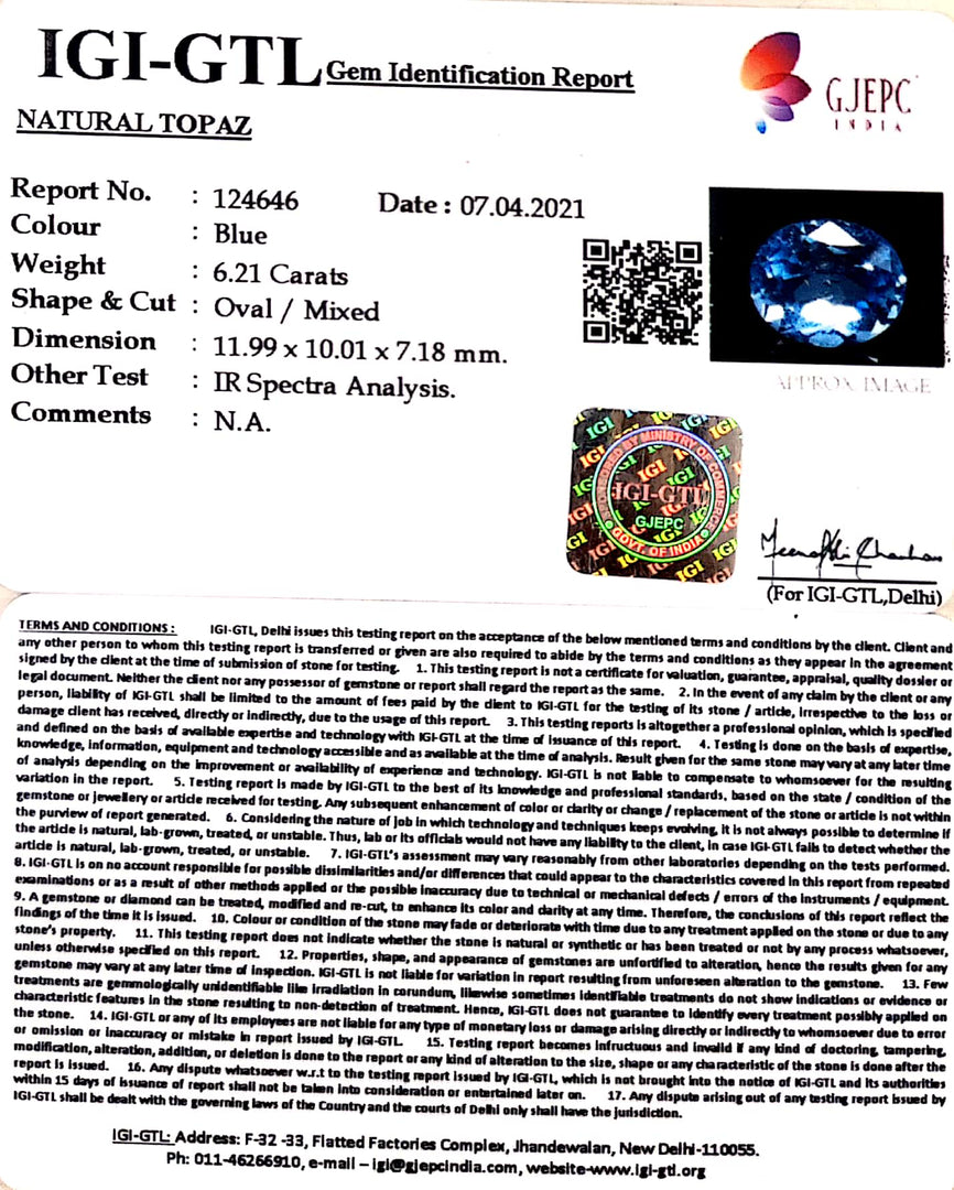 6.21/CT Natural Certified Blue Topaz Gemstone -124646
