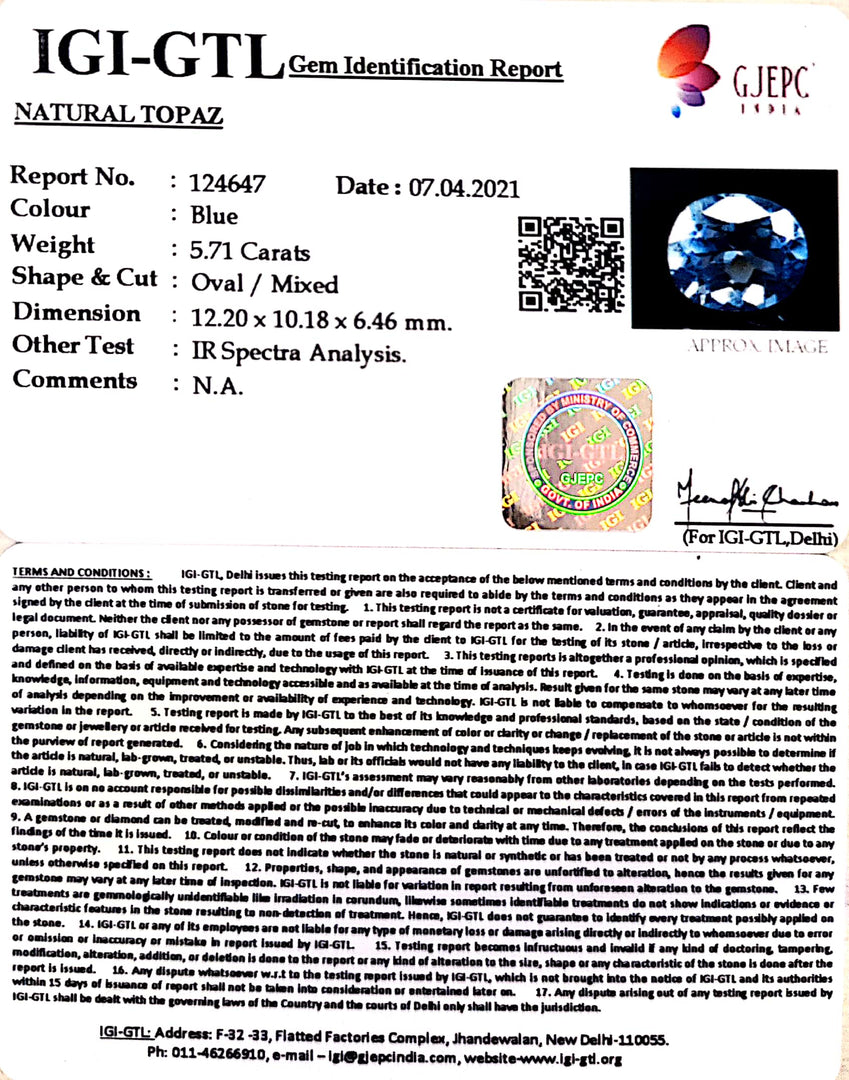 5.71/CT Natural Blue Topaz Stone With Govt Lab Certificate- 124647