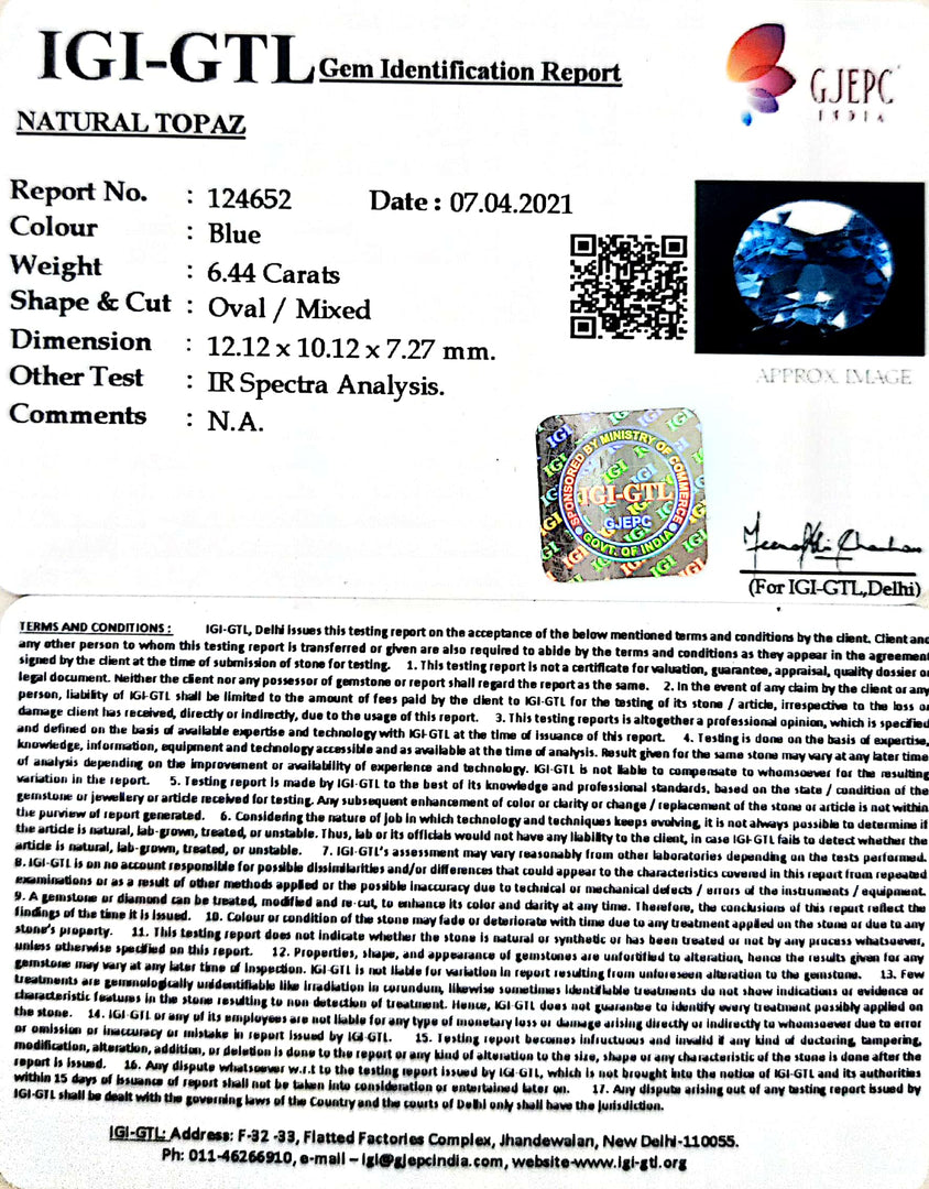 6.44/CT Natural Certified Blue Topaz Gemstone -124652